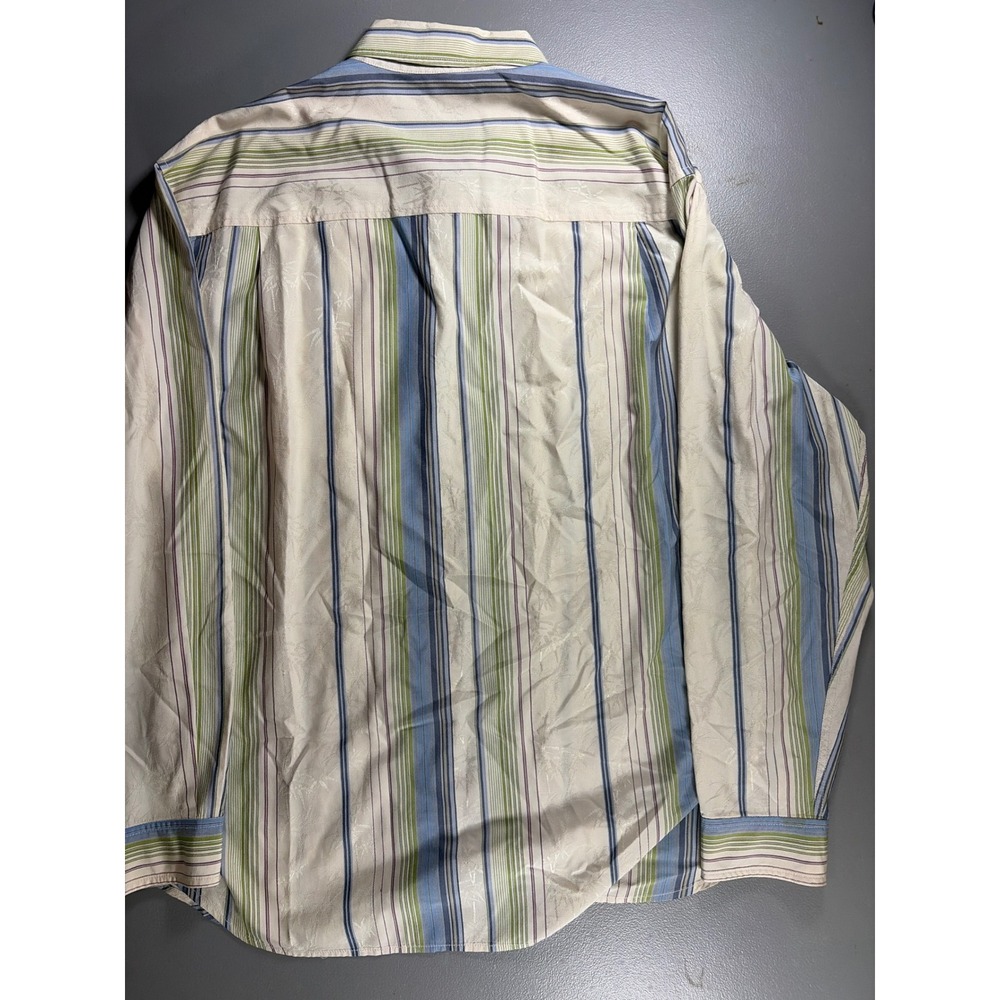 Tommy Bahama Shirt Mens Large Cream Blue Green Silk Cotton Striped Palm Jacquard - Picture 7 of 7